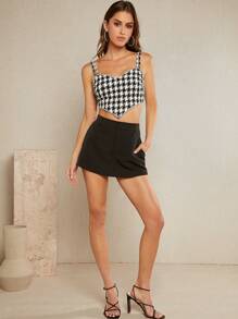 Hauture Houndstooth Rhinestone Trim Asymmetrical Hem Crop Cami Top - Black and White - View 5