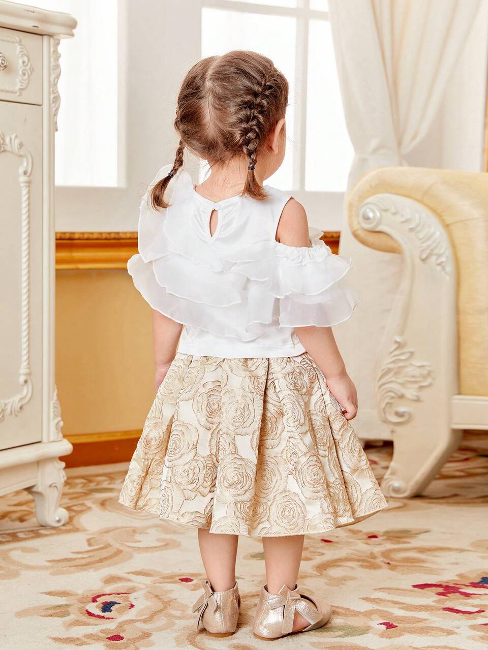 2pcs/Set Baby Girl Mesh Skirt With Floral Print & Pleats, Casual Outfit For Spring/Summer