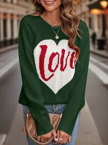 SHEIN LUNE Plus Size Heart And Letter Pattern Raglan Long Sleeve Sweater
