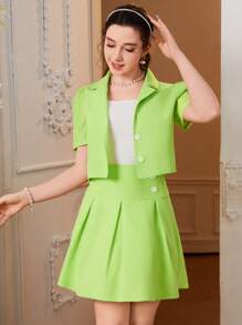 少女休閒校園風短袖西裝外套搭配背心背心和迷你裙套裝 - 彩色 - 查看 4