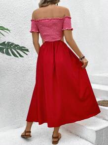 Breezaya Color Block Off Shoulder Hollow Out Shirred Bodice Dress