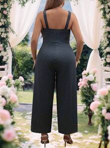 Celure Plus Size Women'S Striped Overalls - Dark Grey - View 2