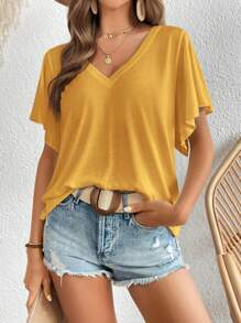 SHEIN LUNE Solid V Neck Butterfly Sleeve Tee,Casual - Yellow - View 4