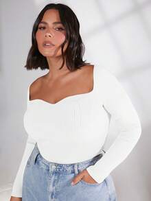 SHEIN BASICS Talla grande Jersey escote corazón tejido de canalé - Blanco - Ver 1