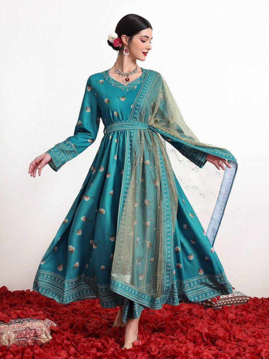 Divindia 女士碎花印花拼接网眼连衣裙 - 綠色 - 查看 1