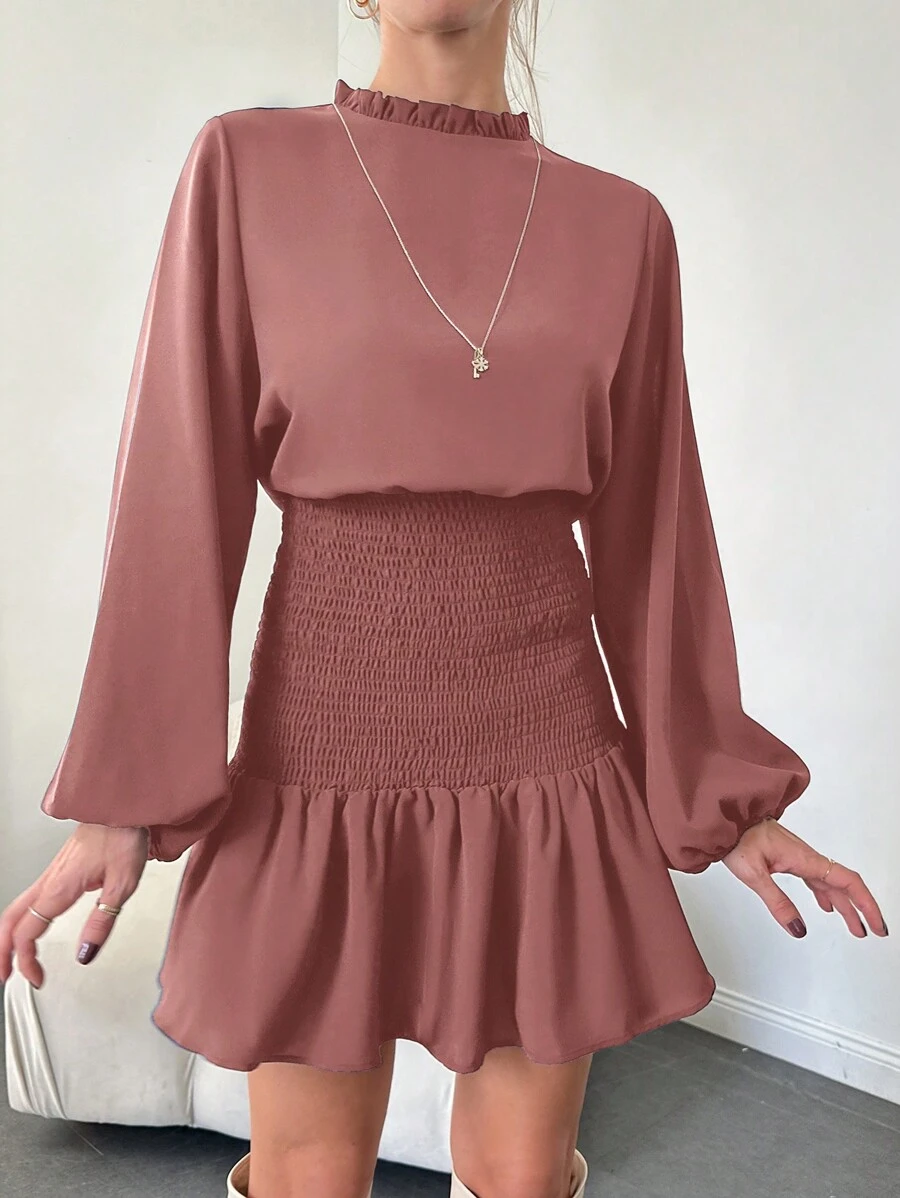 EURMUSE Women's Lantern Sleeve Ruffle Hem A-Line Dress - Dusty Pink - View 1