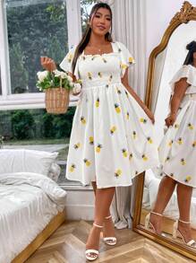 Flirla Plus Size Boho Pineapple Print Butterfly Sleeve Dress, For Summer - White - View 5