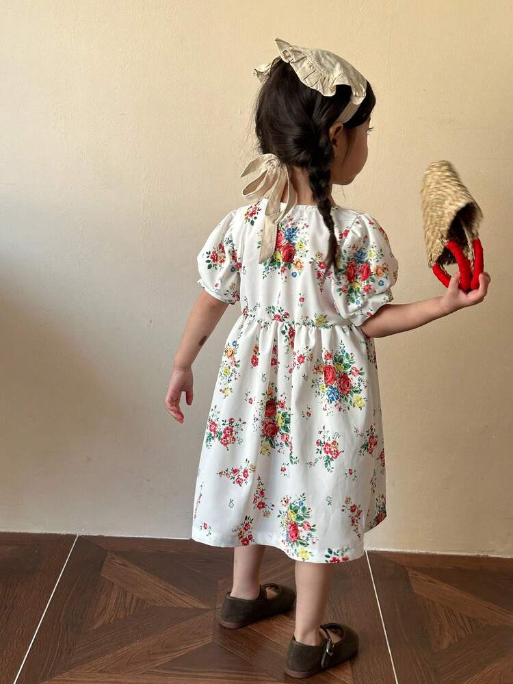 Young Girls' Floral Printed Puff Sleeve Square Neckline Dress