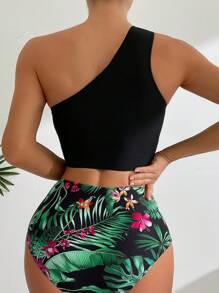 SHEIN Swim Bộ bikini hai mảnh in hình cây một bên vai đi biển mùa hè - Nhiều màu - Xem 2