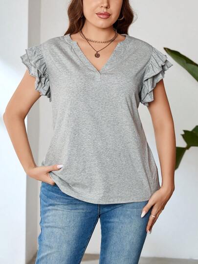 SHEIN LUNE Plus Size Women's Casual Grey Double Layer Ruffle Sleeve T-Shirt For Fall Comfortable