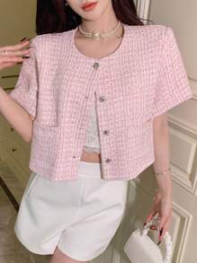 DAZY Women's Short-Sleeved Button-Up Jacket With Front Pockets - Pink - View 2