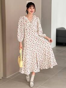 FRIFUL Women's Floral Print V-Neck Long Sleeve Dress,Ruffle Boho Vacation Outfits Women - Multicolor - View 1