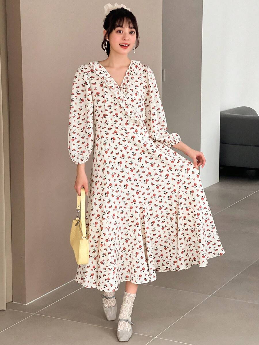 FRIFUL Women's Floral Print V-Neck Long Sleeve Dress,Ruffle Boho Vacation Outfits Women - Multicolor - View 1