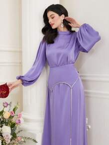 Modelyn Của phụ nữ Đứng cổ áo Tay áo lồng đèn Kiểu Ả Rập Đầm Với Pha lê Chỉnh trang - Màu tím - Xem 8