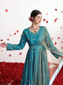 Divindia 女士碎花印花拼接网眼连衣裙 - 綠色 - 查看 6