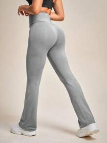 Easithlete 2pcs Solid Color Wide Waist Flared Sports Pants - Multicolor - View 3