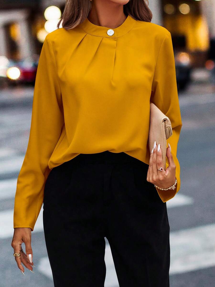 SHEIN Clasi 素色拼接細節襯衫 - 黃色 - 查看 1