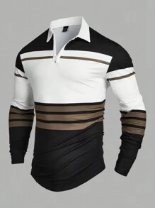 Calvornis 男士半拉鍊條紋 Polo 衫，長袖黑白條紋拼接正式休閒 Polo 衫，適合登山、秋季、幽默丈夫、秋季、儀式 - 黑與白 - 查看 5