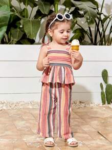 SHEIN Baby Girl Striped Cami Top With Elastic Waist Pants Set For Summer Vacation - Multicolor - View 6