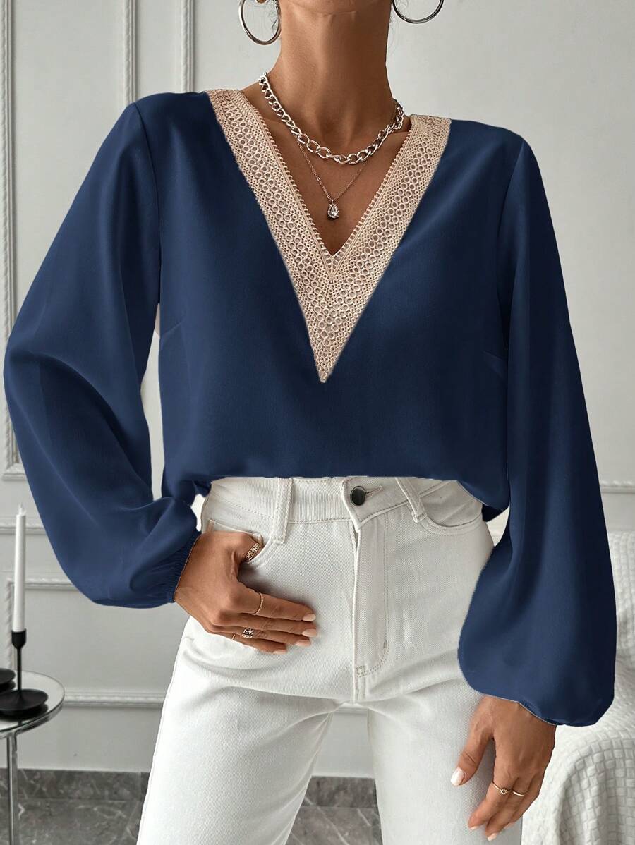 EURMUSE Women's Lace Patchwork Lantern Sleeve Shirt - Navy Blue - View 1