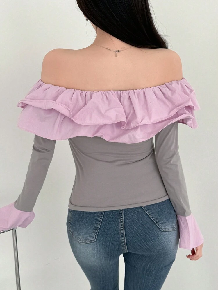 Women's Contrast Color Ruffled Off Shoulder T-Shirt Long Sleeve Women Tops