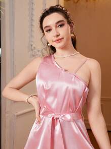 Vestido de fiesta con volantes asimétricos en el hombro para niñas adolescentes - Rosa - Ver 6
