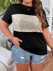 SHEIN CURVE+ Plus Size Women's Sequined Short Sleeve T-Shirt With Patchwork Design