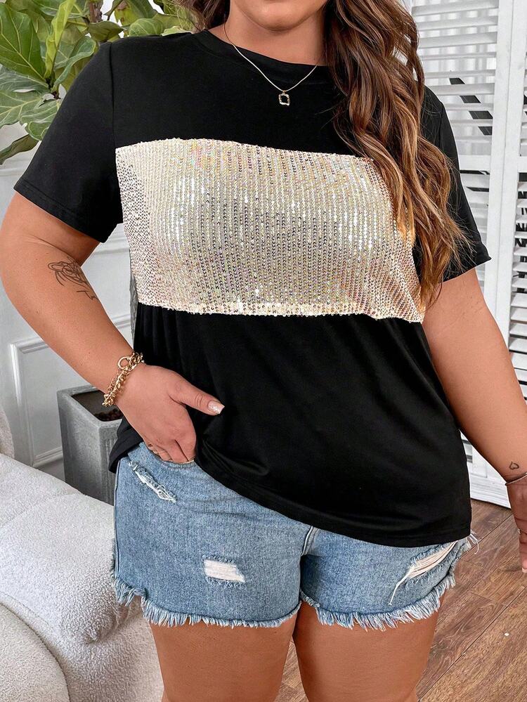Plus Size Women's Sequined Short Sleeve T-Shirt With Patchwork Design