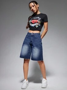 SHEIN EZwear Lỏng lẻo phù hợp Quần short Denim Với Mèo Whisker Rửa Và Nghiêng Túi - Rửa trung bình - Xem 5