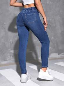 SHEIN EZwear Washed Elastic Waist Slim Fit Jeans - Dark Wash - View 2