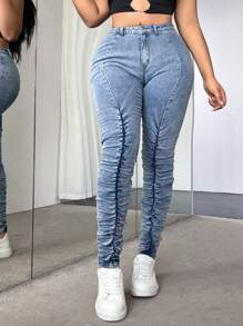 SHEIN SXY Damen-denimhose Mit Schmaler Passform Und Falten