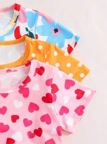 3 Piezas Vestido De Manga Corta Para Niñas Con Estampado Completo Y Cuello Redondo - Multicolor - Ver 3