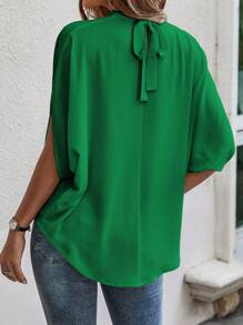 EMERY ROSE Tie Back Batwing Sleeve Solid Blouse - Green - View 2