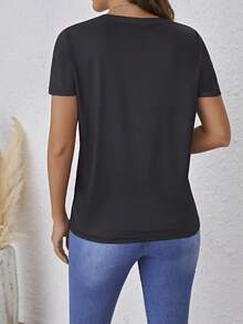 SHEIN LUNE 女裝印花圖案短袖t恤 - 黑色 - 查看 2