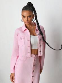 CocoBby 设计师女士短款粉色牛仔牛仔夹克，秋季，适合秋冬季，100% 纯棉，假期，度假，外出，节日 - 粉色 - 查看 6
