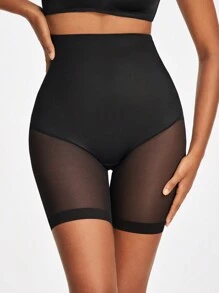 SHAPORA Pantalones Cortos De Modelado Con Control De Abdomen De Cintura Alta Para Mujer Con Panel De Malla Transparente - Negro - Ver 1