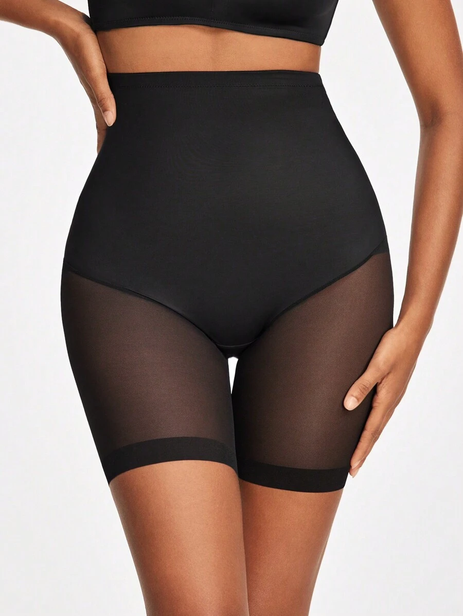 SHAPORA Pantalones Cortos De Modelado Con Control De Abdomen De Cintura Alta Para Mujer Con Panel De Malla Transparente - Negro - Ver 1