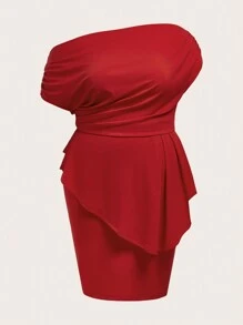 SHEIN Clasi 大尺碼純色優雅紅色雙件套裝 - 紅色 - 查看 7