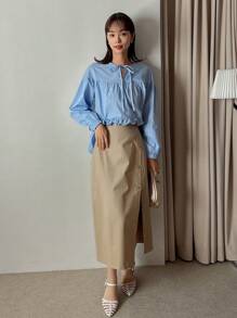 Designer Chân váy nữ màu trơn cài cúc phía trước, xẻ tà, kiểu dáng thường ngày và đa năng. - Màu Khaki - Xem 2