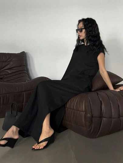 DAZY 女士纯色圆领盖袖开衩裙太阳裙，休闲女装