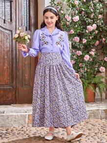 SHEIN Tween Girl Embroidered Ruffle Front Flounce Collar Shirt And Floral V-Shaped Waistband Long Skirt, And Matching Mommy And Me Outfits (2 Sets Are Sold Separately)