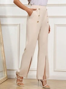 SHEIN Clasi Pantalones Para Mujeres Con Pierna Ancha, Abotonado Doble Con Abertura En El Dobladillo