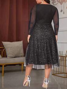 Plus Size Women'S Patchwork Sheer Mesh Long Sleeve Sequin Dress - Black - View 2