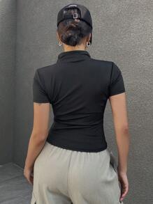 DAZY Của phụ nữ Thon gọn Mặt trước Dây kéo Áo thun - màu đen - Xem 2