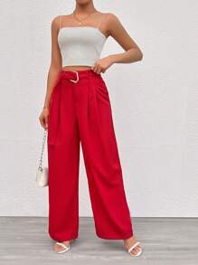 Chiquease 女款純色百褶西裝褲 - 紅色 - 查看 3