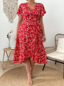 SHEIN Franclia Plus Size Women's Floral Printed Short Sleeve Dress - Red - View 3