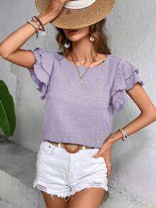 EMERY ROSE Women's Round Neck Ruffled Sleeve Blouse