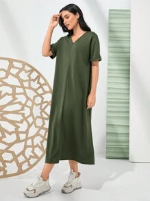 Mulvari Women's Letter Print Drop Shoulder Loose Fit Dress - Army Green - View 7