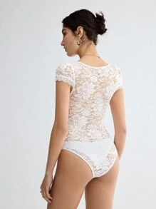 BizChic Söt Urringning Spets Kroppsuits Kontorsstil - Vitt - Visa 2