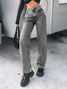 EURMUSE Ladies' Straight Fit Contrast Stitching Jeans - Grey - View 3